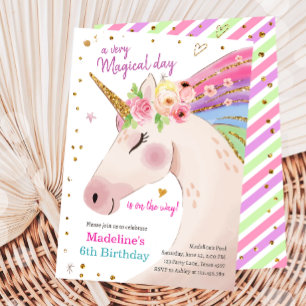 Unicorn Magical Pink Gold Rainbow Girl Birthday Kaart