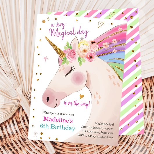 Unicorn Magical Pink Gold Rainbow Girl Birthday Kaart