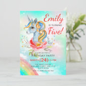 Unicorn Magical Rainbow 5th Birthday Party Invit Kaart (Staand voorkant)