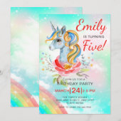 Unicorn Magical Rainbow 5th Birthday Party Invit Kaart (Voorkant / Achterkant)