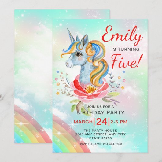 Unicorn Magical Rainbow 5th Birthday Party Invit Kaart (Voorkant / Achterkant)