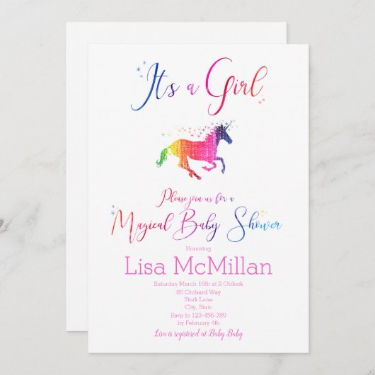 Unicorn Magical Rainbow Baby shower Uitnodiging (Voorkant / Achterkant)