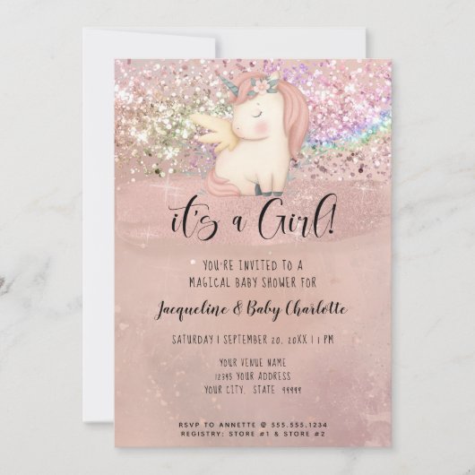 Unicorn Magical Rainbow Glitter Girl Baby shower Kaart (Voorkant)