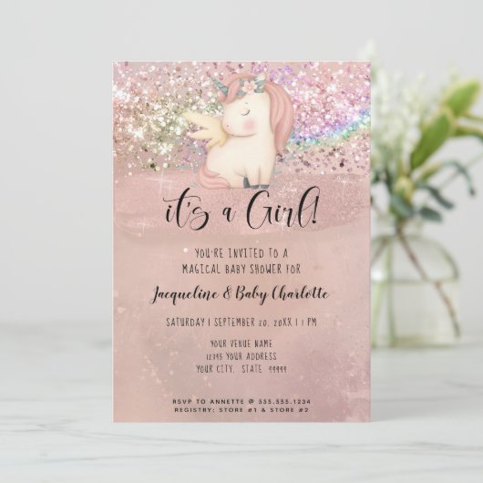 Unicorn Magical Rainbow Glitter Girl Baby shower Kaart (Staand voorkant)