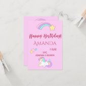 Unicorn magische 1 e verjaardag roze meisje één ja kaart (Voorkant / Achterkant in situ)