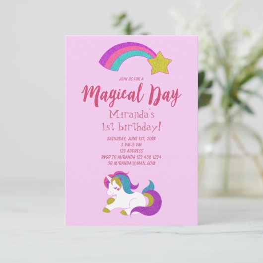Unicorn magische day verjaardagsuitnodiging kaart (Staand voorkant)