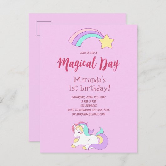 Unicorn magische girly 1e verjaardag uitnodiging (Voorkant / Achterkant)