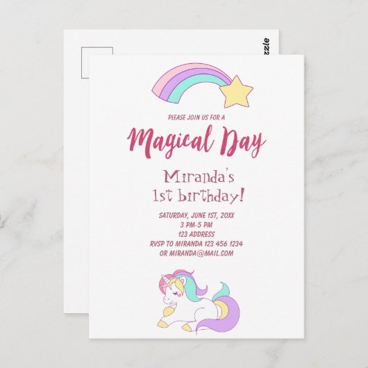 Unicorn magische girly 1e verjaardag uitnodiging (Voorkant / Achterkant)