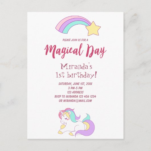 Unicorn magische girly 1e verjaardag uitnodiging (Voorkant)