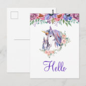  Unicorn Mam & Baby Waterverf Floral Hallo Briefkaart (Voorkant / Achterkant)