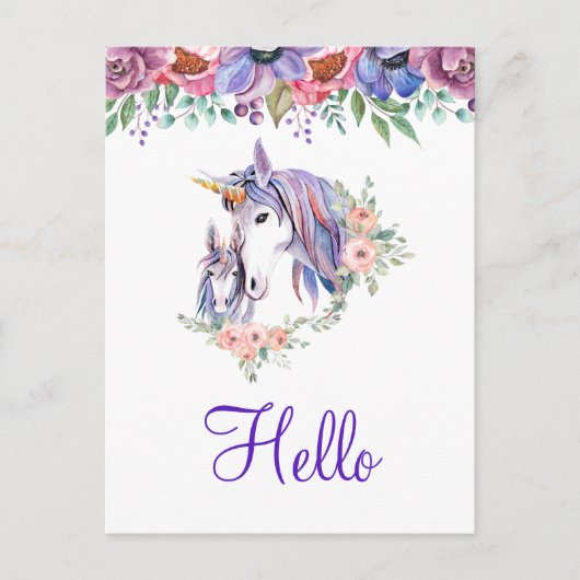  Unicorn Mam & Baby Waterverf Floral Hallo Briefkaart (Voorkant)