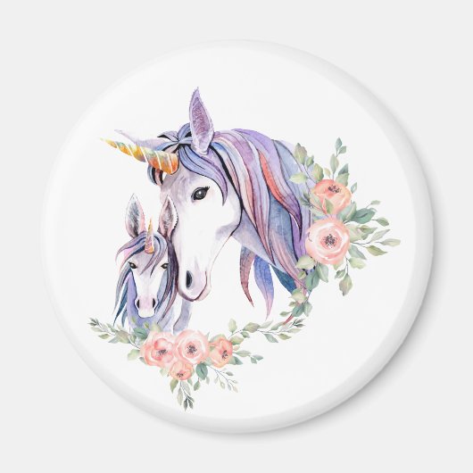  Unicorn Mam & Baby Waterverf Floral Magneet (Voorkant)