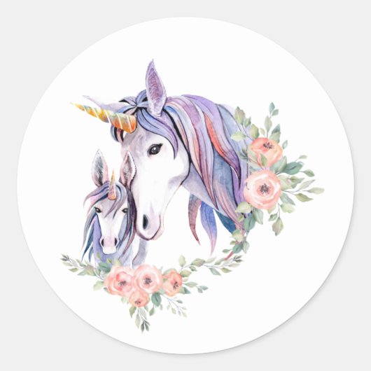 Unicorn Mam & Baby Waterverf Floral Ronde Sticker (Voorkant)