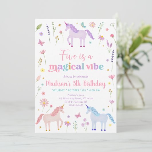Unicorn Meadow Five is a Magical Vibe Birthday Kaart (Staand voorkant)