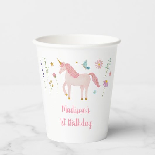 Unicorn Meadow Pastel Pink Gold Birthday Papieren Bekers (Voorkant)