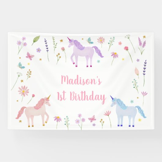 Unicorn Meadow Pastel Pink Gold Birthday Spandoek (Horizontaal)