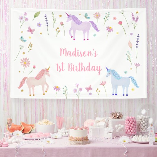 Unicorn Meadow Pastel Pink Gold Birthday Spandoek (Feest)