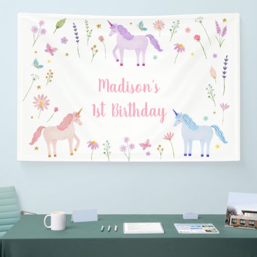 Unicorn Meadow Pastel Pink Gold Birthday Spandoek (Beurs)