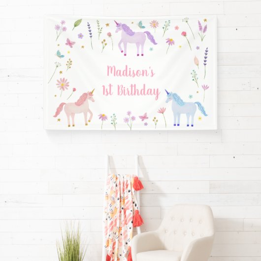 Unicorn Meadow Pastel Pink Gold Birthday Spandoek (Insitu)