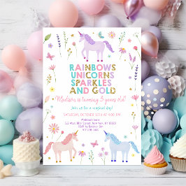Unicorn Meadow Pastel Pink Gold Flowers Birthday Kaart