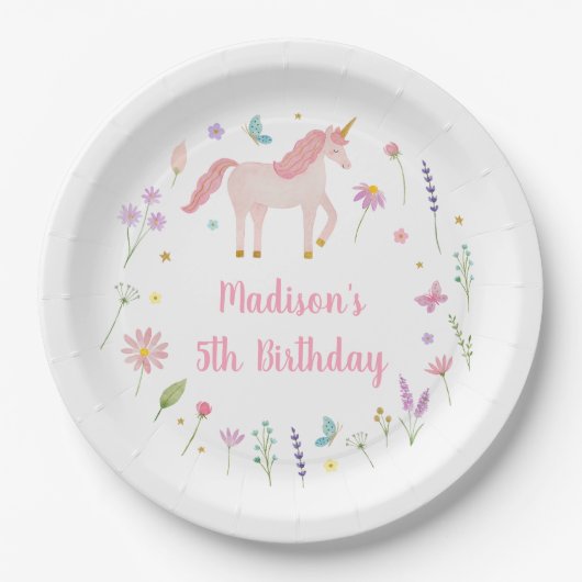 Unicorn Meadow Pastel Pink Purple Birthday Papieren Bordje (Voorkant)