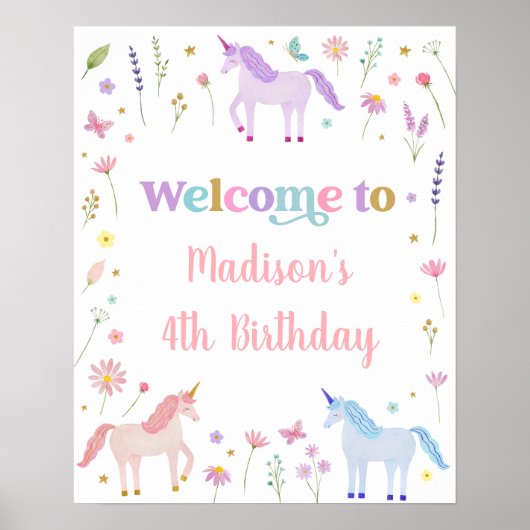 Unicorn Meadow Pastel Roze Gouden Verjaardag Poster (Voorkant)