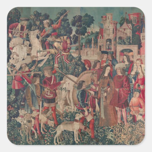 Unicorn Medieval Art - Hunters keren terug naar Ca Vierkante Sticker (Voorkant)