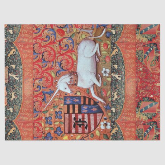 UNICORN, MEDIEVAL FANTASY FLOWERS, FLORAAL MONOGRA TISSUEPAPIER (Voorkant)