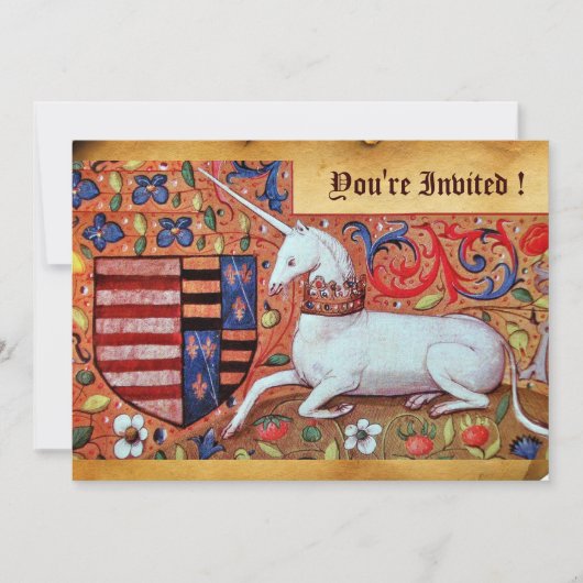 UNICORN MEDIEVAL FANTASY FLOWERS, FLORAL PARCHMENT KAART (Voorkant)