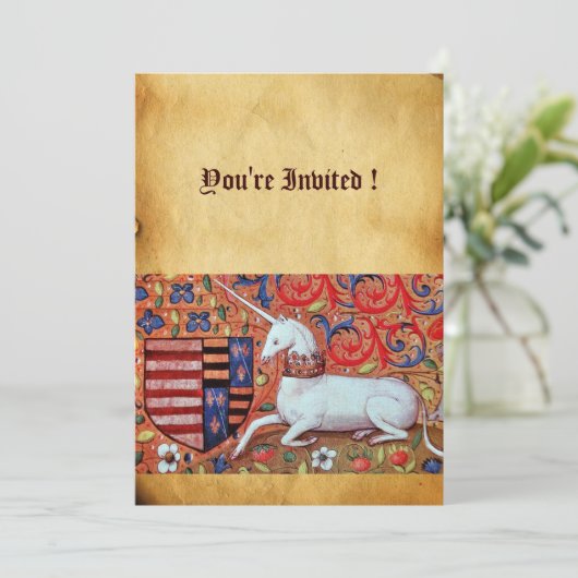 UNICORN MEDIEVAL FANTASY FLOWERS, FLORAL PARCHMENT KAART (Staand voorkant)
