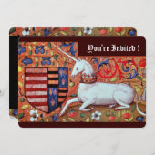 UNICORN, MEDIEVAL FANTASY FLOWERS, RED BLUE FLORAL KAART (Voorkant / Achterkant)