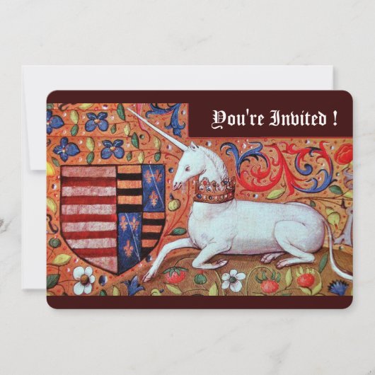 UNICORN, MEDIEVAL FANTASY FLOWERS, RED BLUE FLORAL KAART (Voorkant)