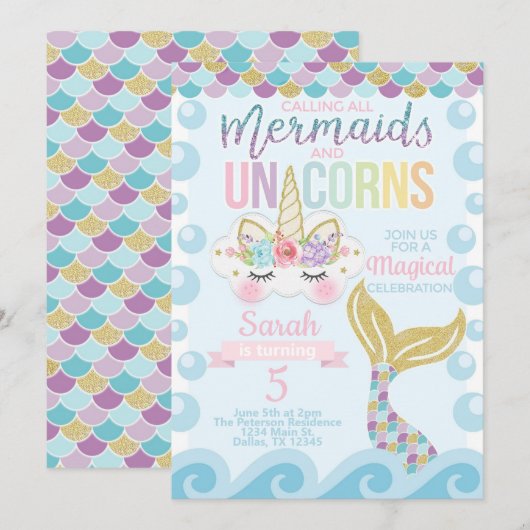 Unicorn Mermaid Birthday Party Invitation Invite Kaart (Voorkant / Achterkant)