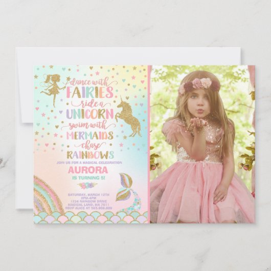 Unicorn Mermaid en Fairy Birthday Invitation Kaart (Voorkant)