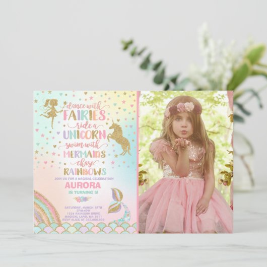 Unicorn Mermaid en Fairy Birthday Invitation Kaart (Staand voorkant)