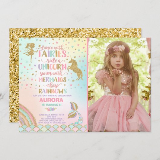 Unicorn Mermaid en Fairy Birthday Invitation Kaart (Voorkant / Achterkant)