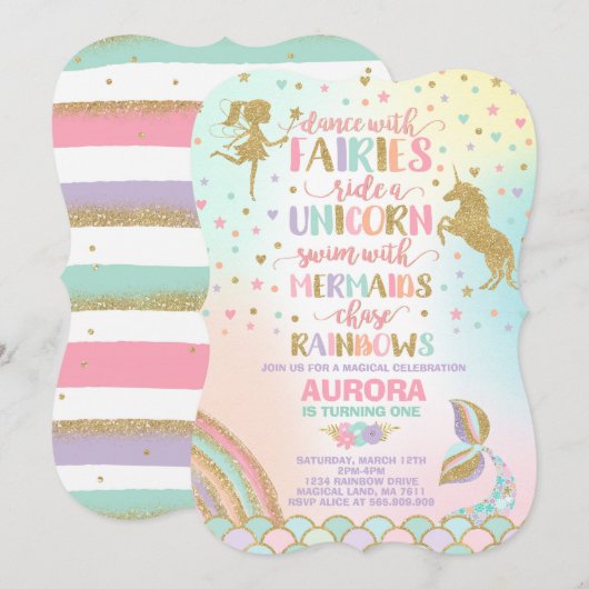 Unicorn Mermaid en Fairy Birthday Invitation Kaart (Voorkant / Achterkant)