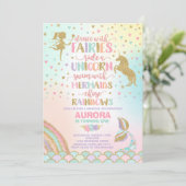 Unicorn Mermaid en Fairy Birthday Invitation Kaart (Staand voorkant)