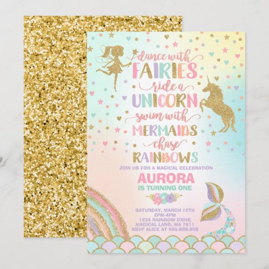 Unicorn Mermaid en Fairy Birthday Invitation Kaart (Voorkant / Achterkant)