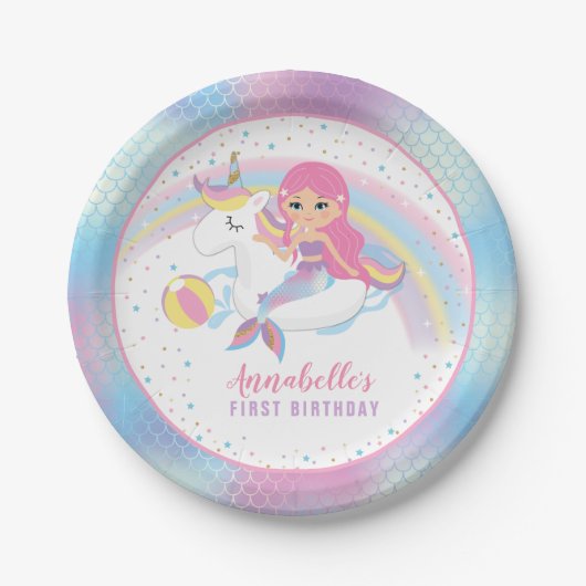 Unicorn Mermaid Pool Birthday Party Paper Borden Papieren Bordje (Voorkant)