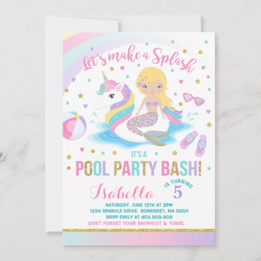 Unicorn & Mermaid Pool Party Birthday Uitnodiging (Voorkant)