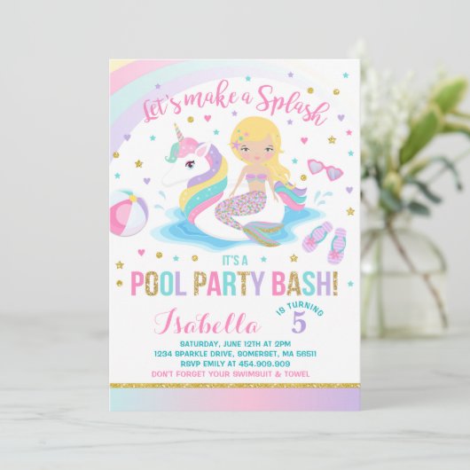 Unicorn & Mermaid Pool Party Birthday Uitnodiging (Staand voorkant)