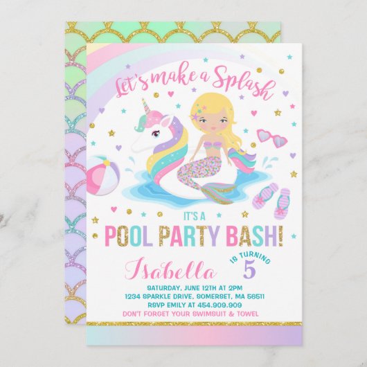 Unicorn & Mermaid Pool Party Birthday Uitnodiging (Voorkant / Achterkant)