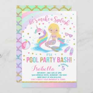 Unicorn & Mermaid Pool Party Birthday Uitnodiging