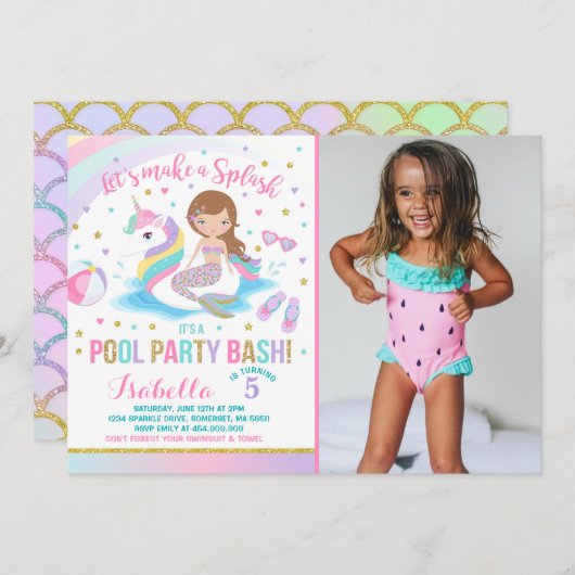Unicorn & Mermaid Pool Party Birthday Uitnodiging (Voorkant / Achterkant)
