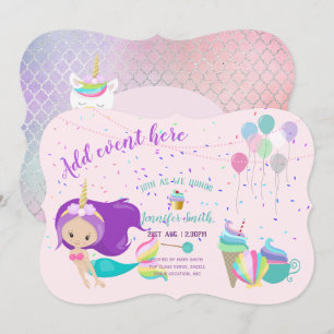 Unicorn Mermaid Princess Birthday-uitnodigingen Kaart