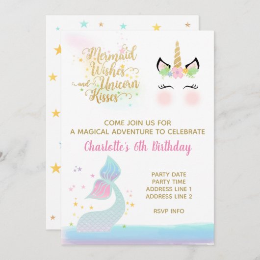 Unicorn & Mermaid Tail-uitnodiging | RAINBOW GOLD Kaart (Voorkant / Achterkant)