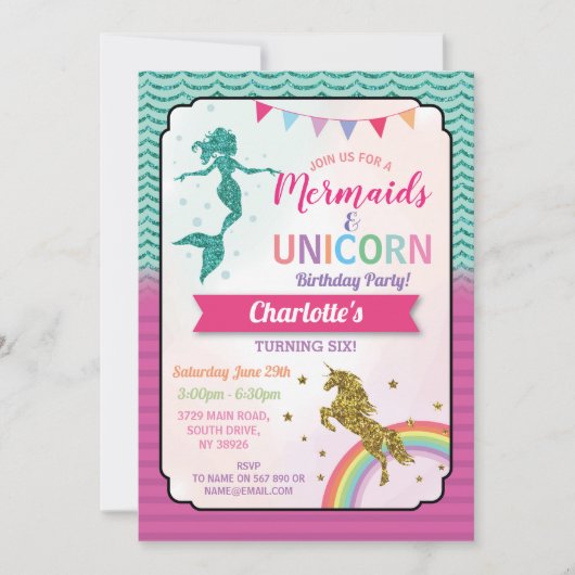 Unicorn & Mermaids Invitations Girl's Birthday Kaart (Voorkant)