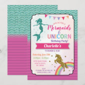 Unicorn & Mermaids Invitations Girl's Birthday Kaart (Voorkant / Achterkant)