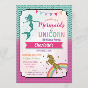 Unicorn & Mermaids Invitations Girl's Birthday Kaart